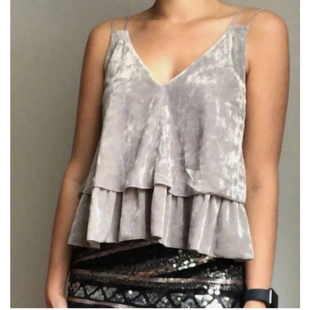 Aerie Crushed Velvet Tiered Ruffle Cami Tank Top Gray Size M